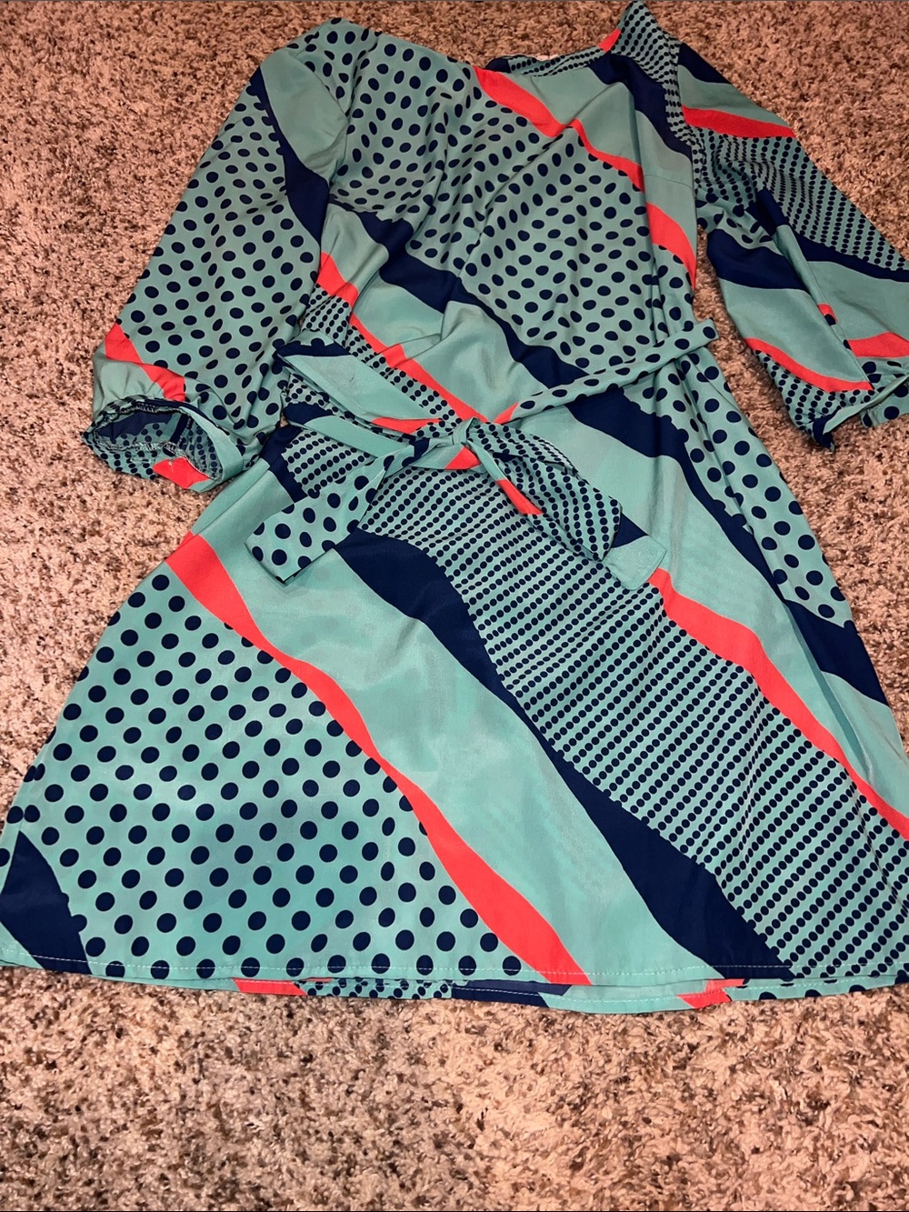 ezra Teal, Navy & Coral Polka Dot Mini Dress